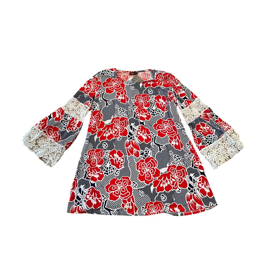 Reborn Floral A-Line Dress Lace Long Sleeve Stretech Pullover Red/Blue Size 3XL